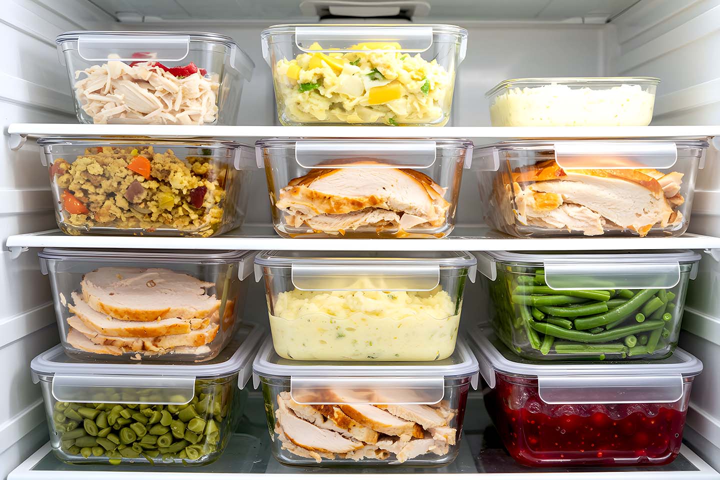 Food storage containers neatly arranged in a refrigerator
